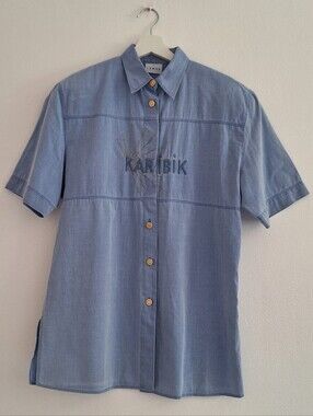 Verse Modern Women Vintage Light Blue Short-Sleeve Button-Down Shirt
